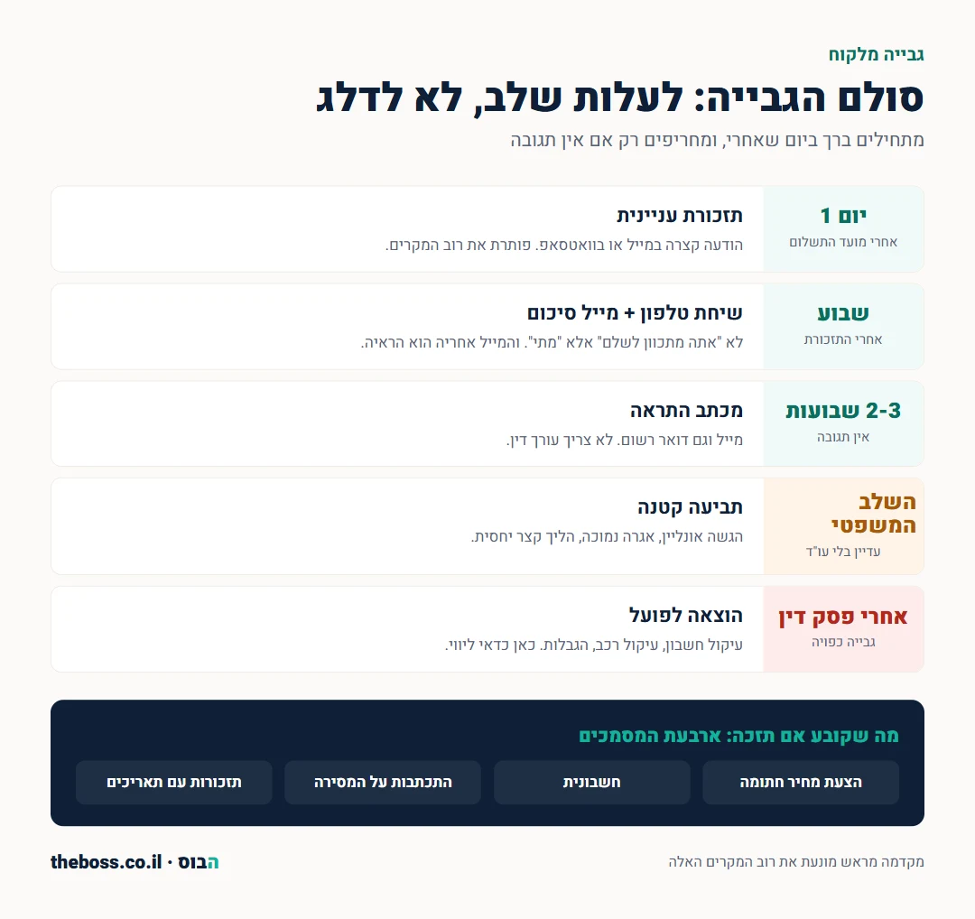אינפוגרפיקה: סולם הגבייה מלקוח שלא משלם - תזכורת, שיחה, מכתב התראה, תביעה קטנה, הוצאה לפועל